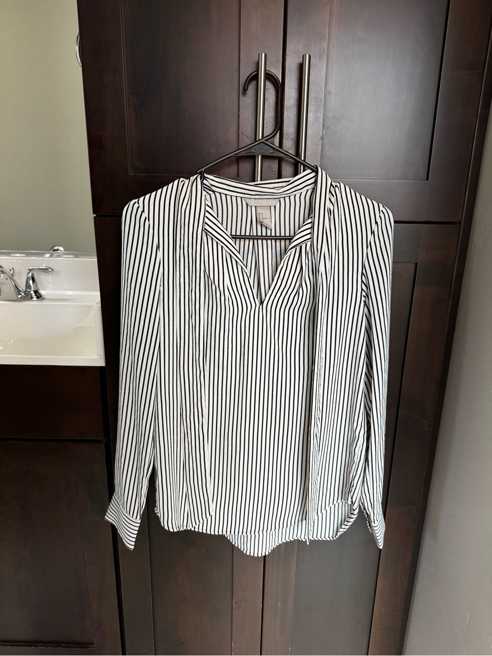 H&M Black & White Vertical-Stripe V-Neck Blouse